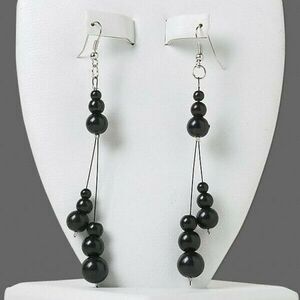 Handmade Black Graduated Glass Pearl Triple Dangle 4" Long Dangle Earrings